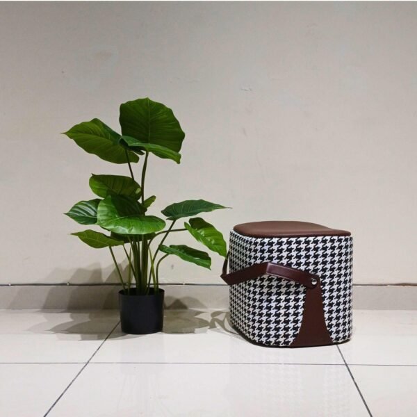 Leatherette Pouffe Stool – Soft Ottoman & Footrest for Living Room, Office & Entryway (Check Fabric, Brown)
