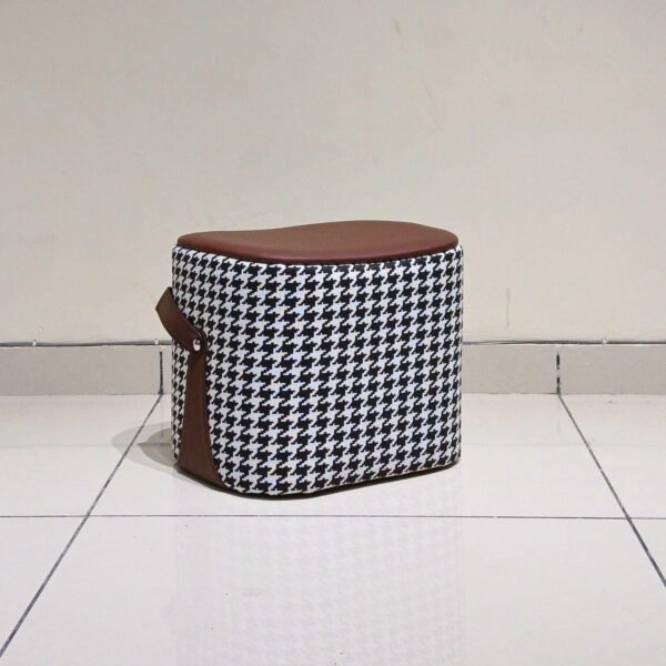 Leatherette Pouffe Stool – Soft Ottoman & Footrest for Living Room, Office & Entryway (Check Fabric, Brown)